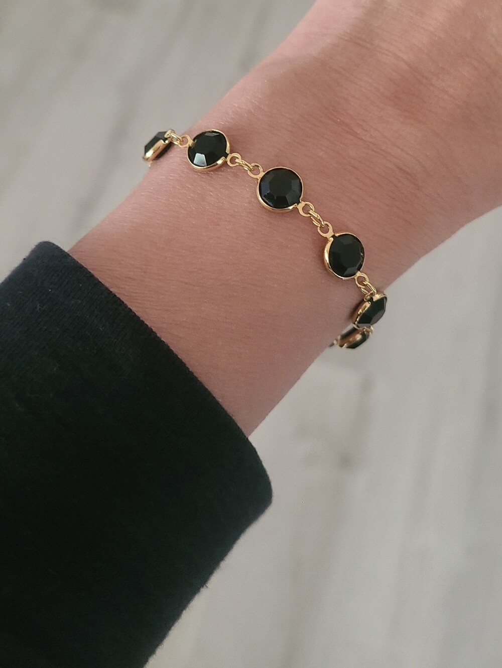Swarovski Gold Toned Bezel Bracelet with Black Crystals-Excellent Vintage Condit